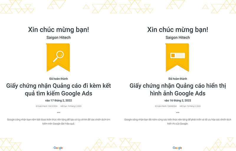 Giấy chứng nhận Quảng cáo Google Adwords của Saigon Hitech
